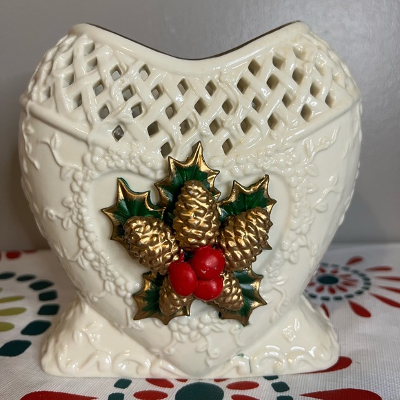Other - VTG Christmas Vase White Embossed With Holly Pine Cone Reticulated Rim Holiday